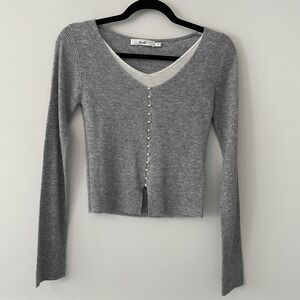 VTG b+ab Wool Ribbed Knit Sweater Gray Sz S Pearl Buttons Layered Y2K Clean Girl